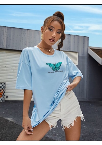 Kelebek Baskılı Oversize Unisex Tişört Bej