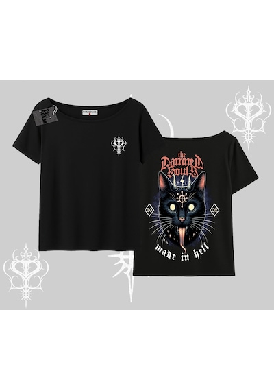 Tarzsokak Gothic Cat Made İn Hell Baskılı Sweatshirt Kayık Yaka Tshirt Siyah
