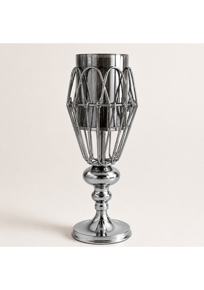 Füme Camlı Gümüş Dekoratif Şamdan Mumluk 32 Cm
