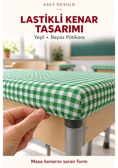 Yeşil Beyaz 5'li Lastikli Sıra Örtüsü, 100x140 Cm Öğretmen Masa Örtüsü Hediye