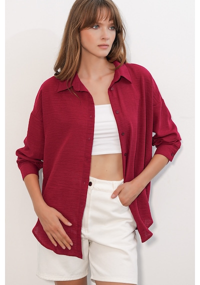 Bigdart Kadın Oversize Keten Gömlek 20338 - Bordo
