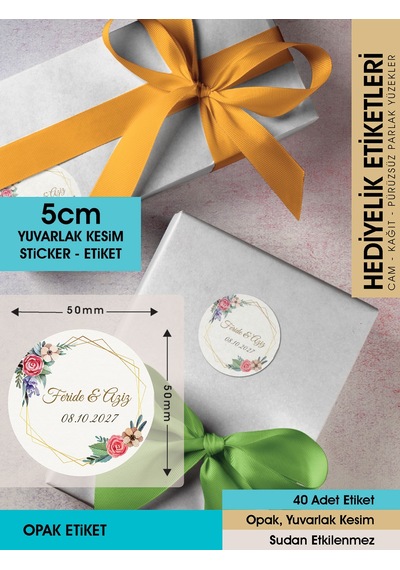 Suluboya Çiçek Modeli, Etiket Modeli Ürünlerinize Özel 5cm - 40 Adet Opak Sticker Renkli