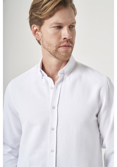 İmza Beyaz Düğmeli Yaka Uzun Kol Cepsiz Slim Fit Pamuklu Gömlek 1004260203