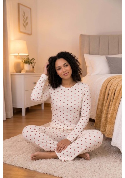Kadın Pamuklu Desenli Kaşkorse Pijama Takımı Kırmızı Kalpli