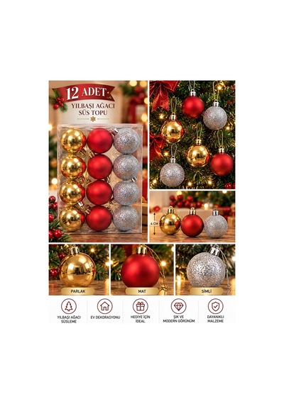 Yeni Yıla Özel 12 Parça Yılbaşı Çam Ağacı Süs Topları Sarı Kırmızı Ve Gümüş Renkli Noel Süs Topları Noel Süsü