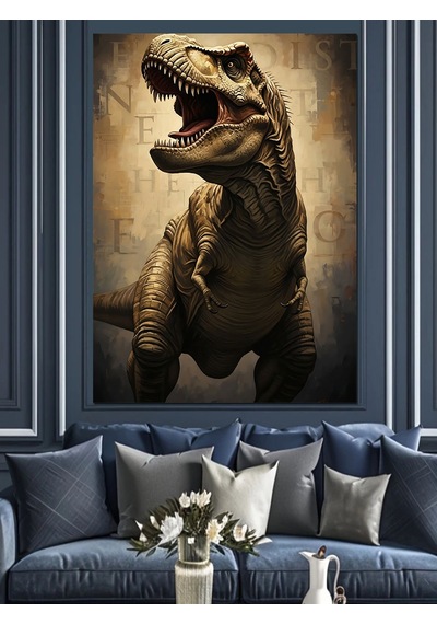 Taş Devri Korkunç Dinozor T-rex Dekoratif Kanvas - Mdf Ahşap Tablo