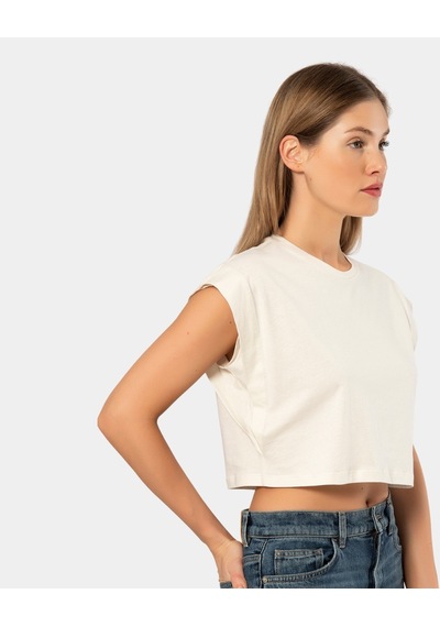 Türen Kadın Vatka Görünümlü Crop T-shirt 3402/krem 001