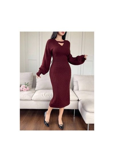 Sayzen Your Shine Choker Yaka Saç Örgü Desenli Balon Kol Kadın Triko Elbise Bordo