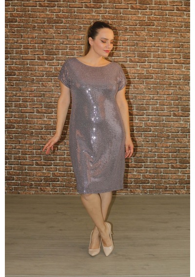 Nidya Moda Büyük Beden Kadın Lila Payet Vako Abiye Elbise-4035BLL Lila