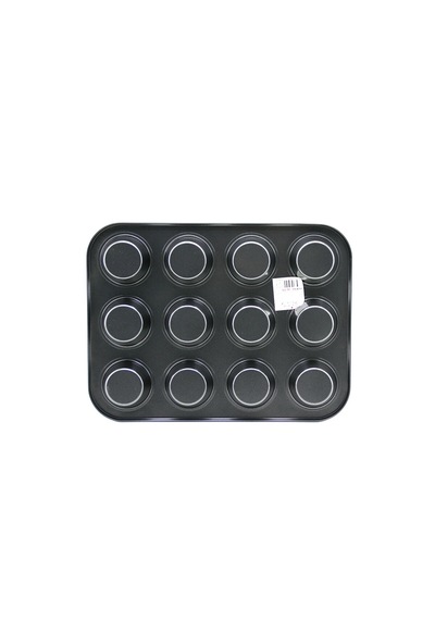 12 Gözlü Metal - Siyah Düz Muffin - Kek Kalıp 4915 12v