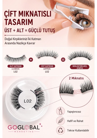 Manyetik Takma Kirpik Seti L02 Çift Mıknatıslı Yapıştırıcısız Doğal Görünüm Uygulama Aparatl