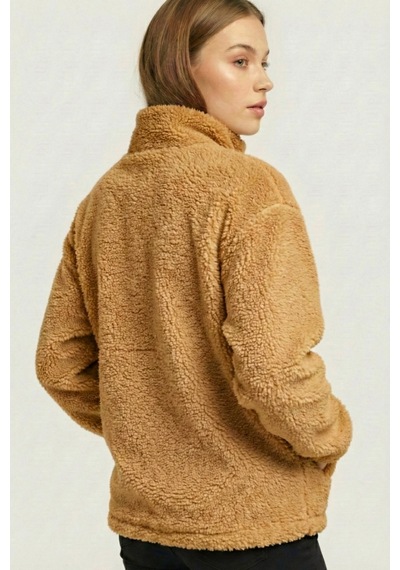 Kadın Peluş Tam Fermuarlı Cepli Sherpa Kuzu Kumaş Oversize Peluş Polar Sweatshirt Bej