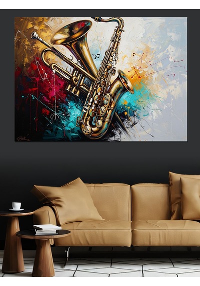Ahşap Tablo Renkli Soyut Saksafon Müzik Tablosu Hayvan Tabloları