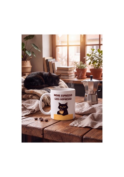 Less Depresso Yazılı Kupa Bardak Komik Kedi Tasarımlı Baskılı Porselen Hediye Kupa Bardak Beyaz