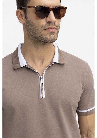 Tudors Erkek Polo Yaka Slim Fit Pamuk Fermuarlı Pike Tişört-27083-Kahve Kahverengi