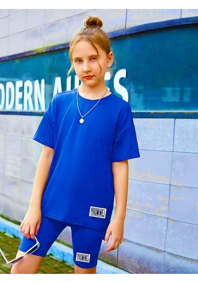 Oversize T-shirt Şort Tayt İkili Takım Mavi
