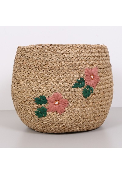 Karanfil Çiçek Desenli 33x25 Cm Deniz Sazı Sepet Bej