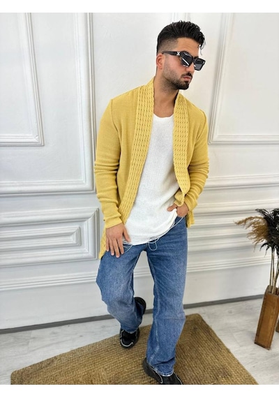 Elku Moda Hırka Örgülü Şal Yaka Cepli Tüylenmez Örgü Triko Hırka Sarı