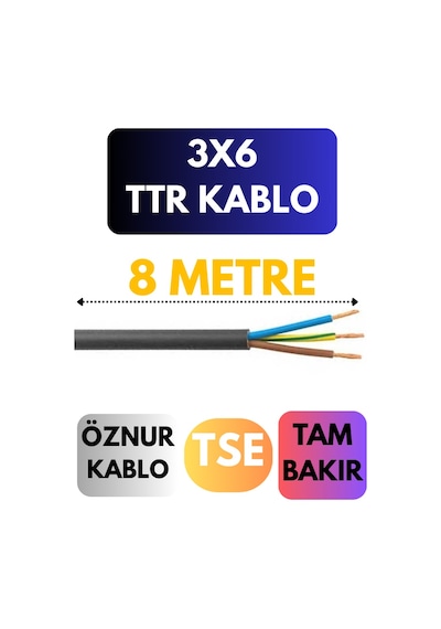 Öznur 3x6 Ttr Kablo Metre Seçenekli Siyah - 8 Metre