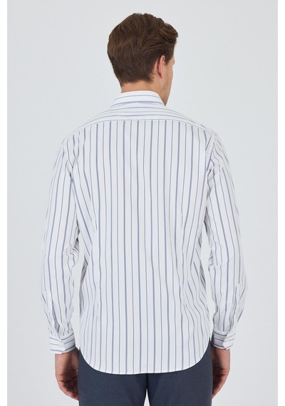 İmza Uzun Kol Çizgili Desen Bez Ayağı İtalyan Yaka Cepsiz Esnek Classic Slim Fit Gömlek 1004250203 Beyaz