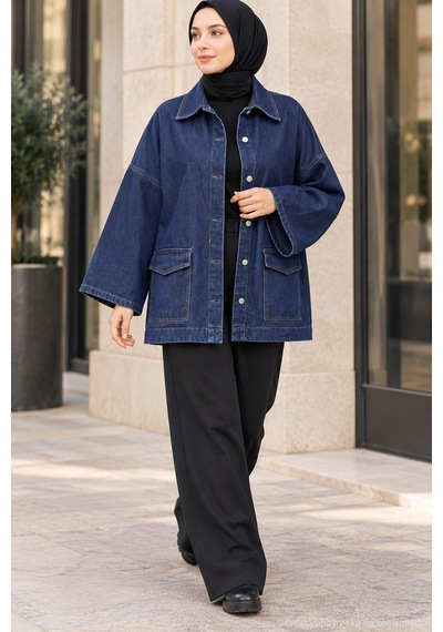 Polo State Oversize Cep Detaylı Tesettür Denim Ceket Lacivert