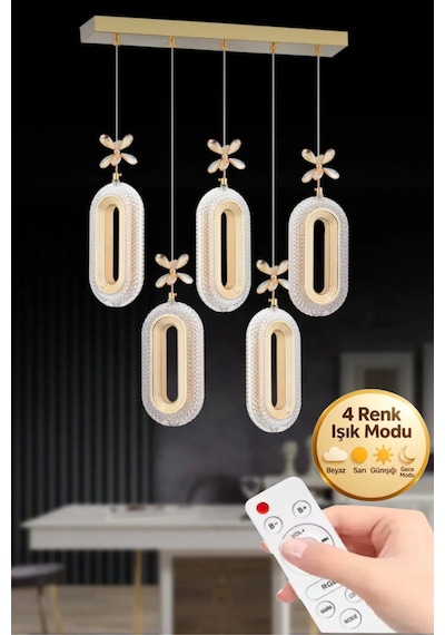 LumiaLighting Eclipse Model 5"li Gold Kumandalı 3 Renk Modu Yemek Masası Oturma Çocuk Yatak Odası Modern Ledli Avize Altın
