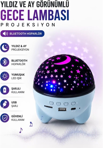 Gökyüzü Temalı Bluetooth Ve Hoparlörlü Şarjlı Çocuk Gece Lambası Mavi