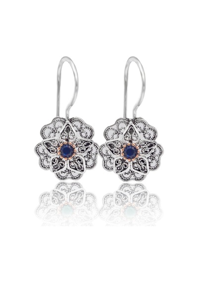 Safir Taşlı Gül Model Oksitli 925 Ayar Gümüş Telkari Kadın Üçlü Set 201025644