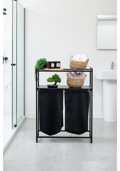 Banyo/çamaşır Odası İçin 2 Raflı, 2 Bölmeli Metal Çamaşır Sepeti Ve Düzenleyici Raf Ünitesi - Siyah Siyah