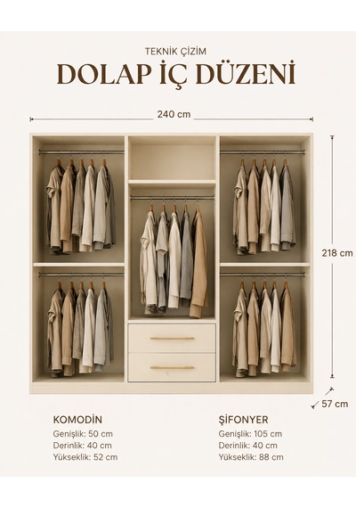 Free Home Parla Kum Beji Mdf Gardırop Elbise Dolabı 240x218x57 Kumbeji