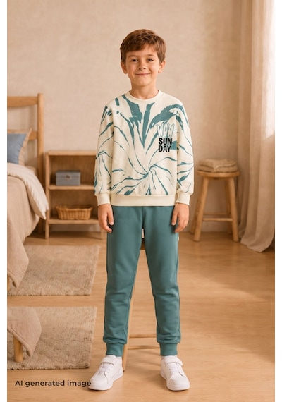 Pina Kids Erkek Çocuk Batik Desenli Okul Günlük Eşofman Takımı Esf7037 Mint
