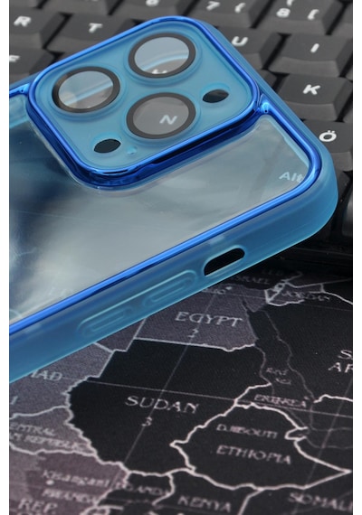 Apple Uyumlu iPhone 14 Pro  Mavi Kenarlı Renkli Yarı Şeffaf Kapak Kılıf Kamera Lens Korumalı Mavi