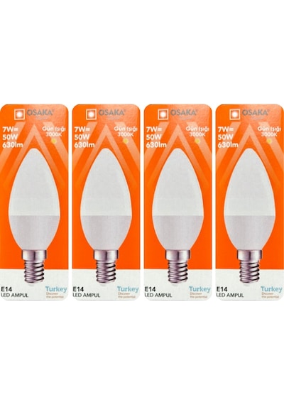 4 Adet Osaka 7w 50w Sarı Işık 3000k E14 Duylu İnce Duy Led Mum Ampul