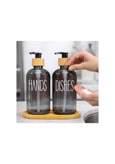 Buççin Online Mağaza 2 Li Cam Sıvı Sabunluk Seti Ahşap Standlı Mutfak&banyo İçin Şık Dispenser Hands & Dishes Cam Siya Çok Renkli