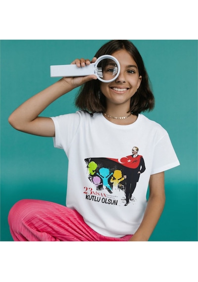 Alpşan Ticaret 23 Nisan Tişört 23 Nisan T-shirt Beyaz Çocuk Yetişkin Tişört Unisex T-shirt Çocuk Bayramı 52 Beyaz