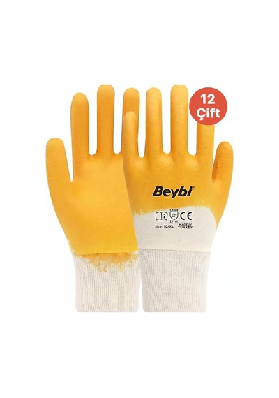 Beybi 12 Çift Sarı Nitril Eldiven Yarım Kaplı No:10