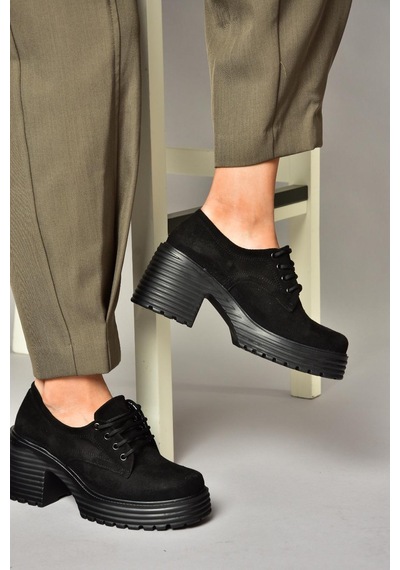 Fox Shoes R996054002 Siyah Süet Kalın Topuklu Kadın Ayakkabı Siyah