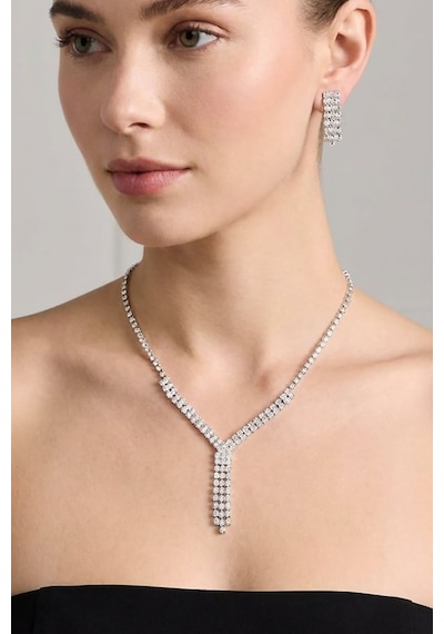 Valmont Accessories 39+4 Cm Ayarlanabilir Kristal Taşlı Şık Y Model Düğün, Kına, Nişan Gelin Takı Seti Gümüş