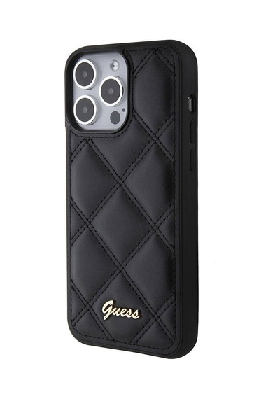Apple Uyumlu iPhone 15 Pro Max Kılıf Guess Lisanslı Pu Deri Metal Yazı Logolu Kapitone Kapak Siyah