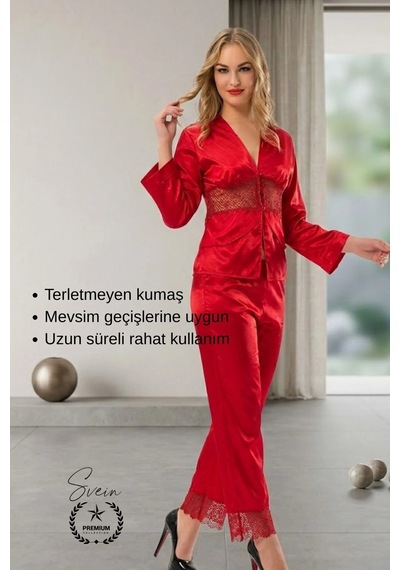 Svein Pijama Kırmızı Saten Kadın Pijama Takımı Rahat Ev Giyim Günlük Ve Çeyizlik Nefes Alabilen Yumuşak Kırmızı