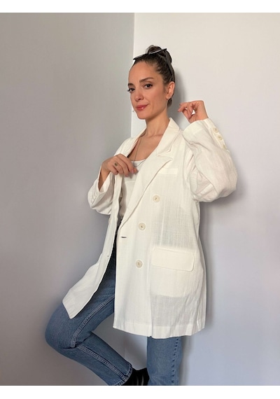 Ekru Oversize Keten Ceket Ekru
