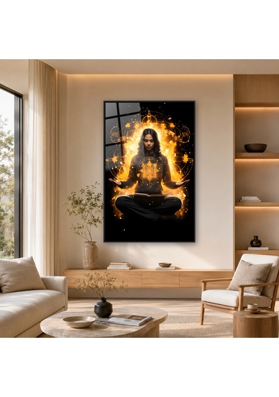 Altın Işıkta Meditasyon Yapan Kadın Siyah Çerçeveli Cam Tablo