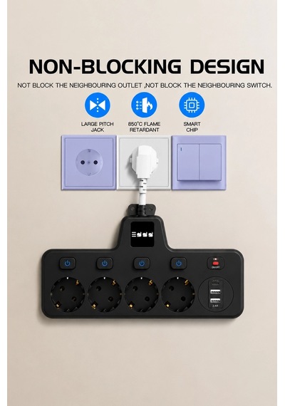 Termal Akım Korumalı 4 Lü Duvar Tipi Priz 2x Usb 2x Type-c Çıkışlı Grup Priz Çoğaltıcı Siyah 2500w 0-2
