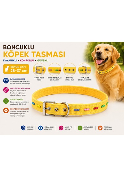 Boncuklu Köpek Boyun Tasması 28-37 Cm Ayarlanabilir Metal Tokalı D Halkalı - Sarı Çok Renkli