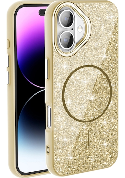 Apple Uyumlu iPad iPhone 17 Kılıf M-safe Şarj Özellikli Parlayan Simli Zore Okso Kapak Gold