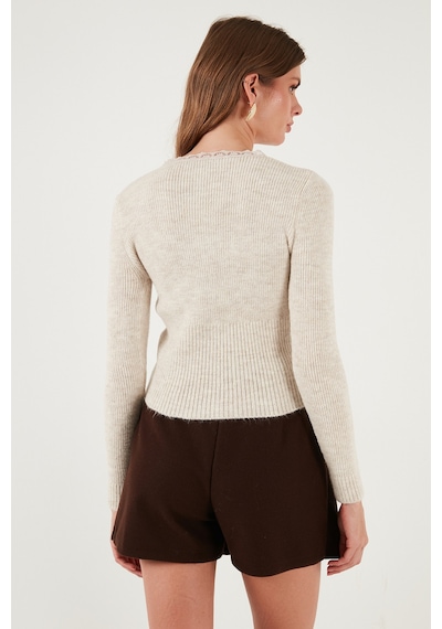 Lela Premium Slim Fit Dantel Detaylı Yaka Örme Bayan Hırka 680Hi00061 Taş