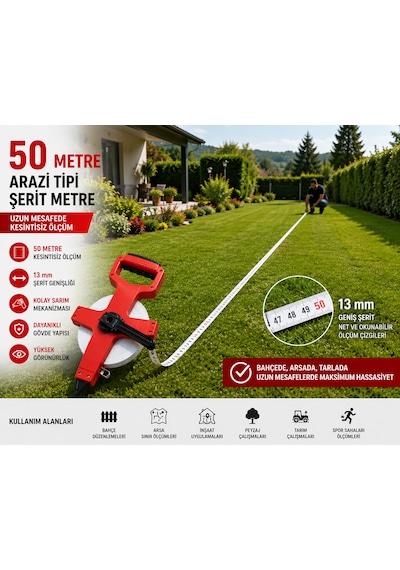 50 Metre Arazi Tipi Şerit Metre 13 Mm Beyaz Şerit Arsa, Bahçe, Tarla Ve Şantiye Ölçüm Metresi 50 M