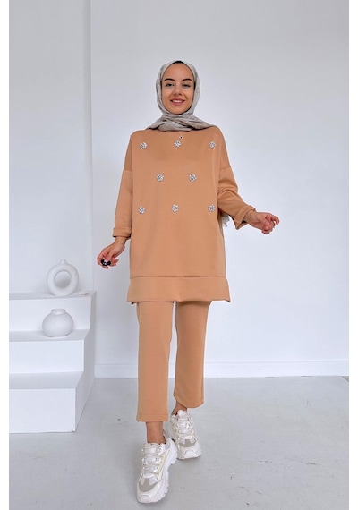 Kahijab Bisiklet Yaka Taşlı Scuba Takım - Camel