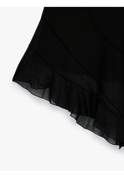 Koton Asimetrik Slim Fit Tül Detaylı Midi Etek Siyah 6sal70075ık