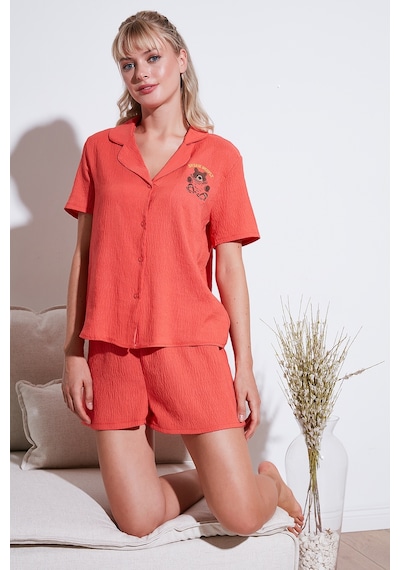 Lela Gömlek Yaka Beli Lastikli Kısa Kollu Şortlu Bayan Pijama Takımı 611Pt00065 Mercan